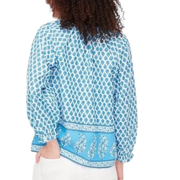J. Crew Blue & White Block Floral Paisley Print Boho Popover Top - M - Picture 2 of 16
